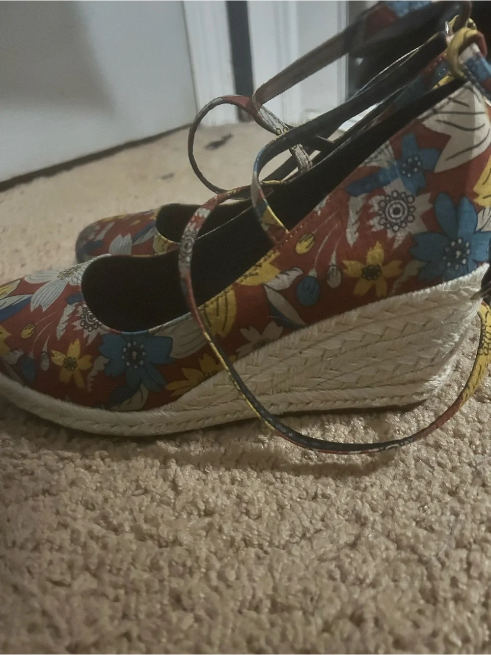Floral Print Red Ankle-Strap Espadrille Wedges - Women